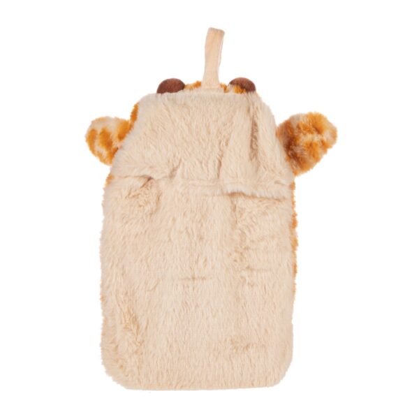 Back of giraffe hot water bottle showing velcro removable cover white background