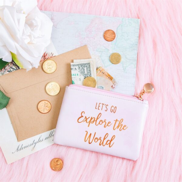 Pink world explorer coin purse lifestyle laid out