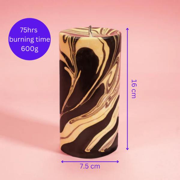 marble swirl pillar candle infographic showing dimensions and burn time