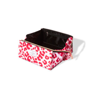 Pink leopard print cosmetics bag travel make up open tray