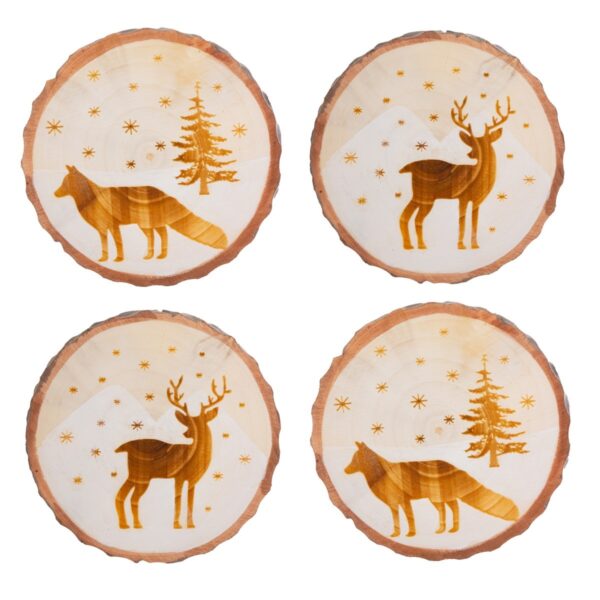 Christmas log slice woodland animal coasters four pack main image white background