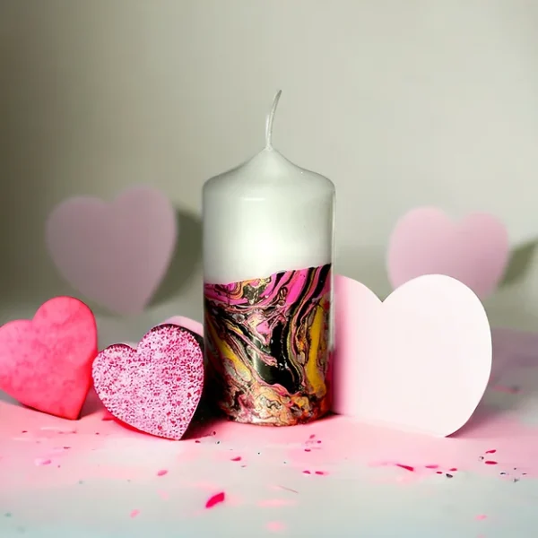 Pink Stories Black Pink and Gold marble pillar candle