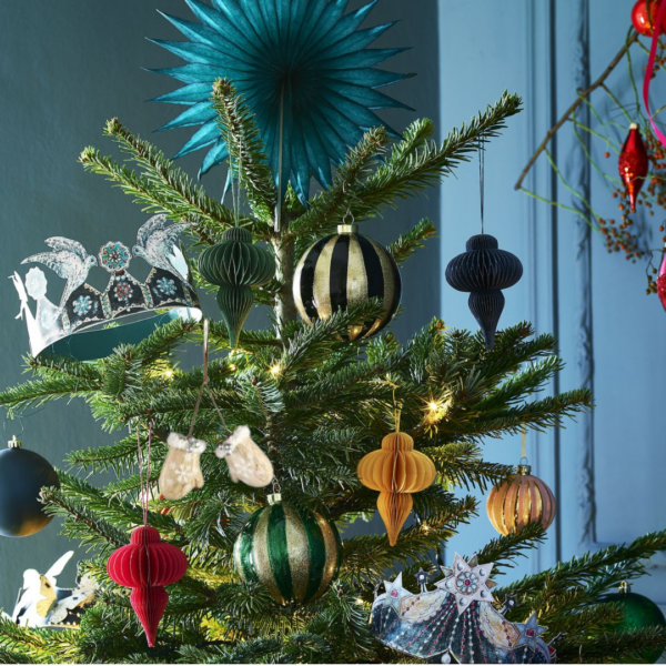 Festive mittens christmas bauble lifestyle on christmas tree