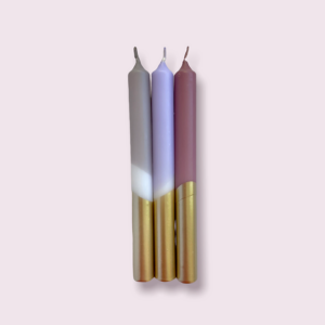 October Skies Pink Stories Autumnal Lilac Mauve Gold candlesticks white background