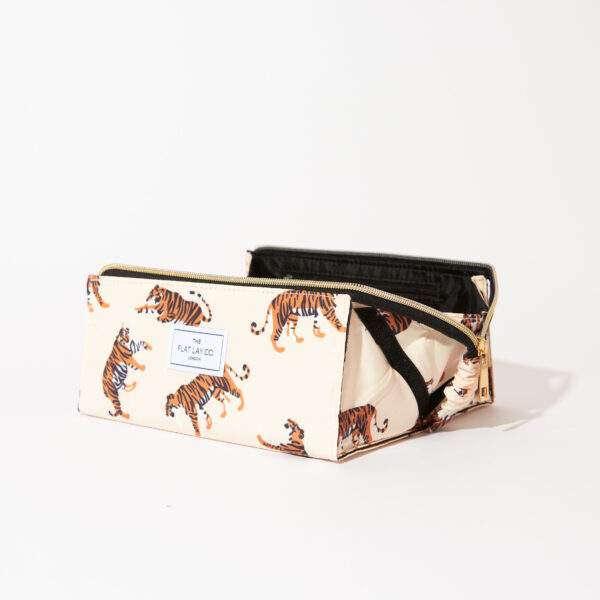 Flat Lay Make Up Toiletries Bag Neutral Tigers Beige Background White Background open