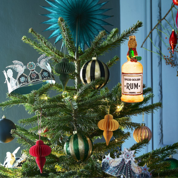 Spiced golden rum bauble lifestyle on Christmas tree