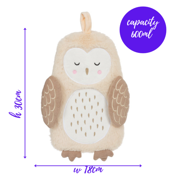 Owl hot water bottle with fluffy removable cover infographic